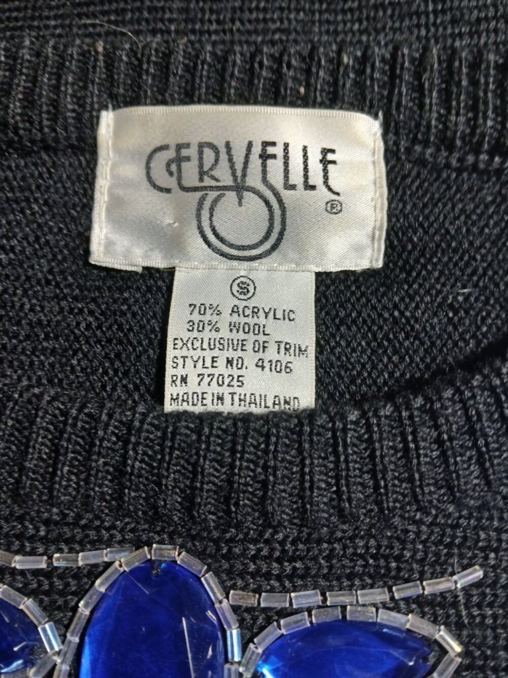 Vintage Cervelle Black Sweater Blue Sequins Beaded Size S Oversized Bedazzled - Picture 6 of 10